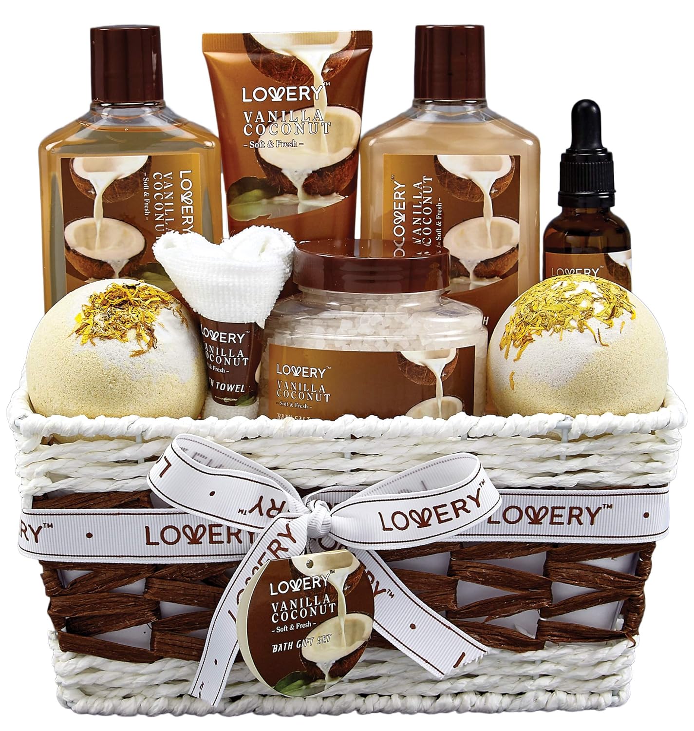 Bath and Body Gift Basket For Women and Men – 9 Piece Set of Vanilla Coconut Home Spa Set, Includes Fragrant Lotions, Extra Large Bath Bombs, Coconut Oil, Luxurious Bath Towel & More～～～$0.50～～～mysite～shopiaas～啦啦啦